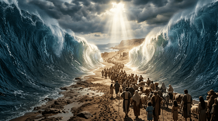 Crowd walking between towering parted ocean waves along a dry path with sunlight breaking through clouds